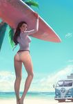  ass barefoot beach blue_eyes braid breasts brown_hair cloud commentary day from_behind highres holding kim_junghun long_hair long_sleeves looking_back medium_breasts original outdoors palm_tree parted_lips sky solo standing surfboard tree volkswagen_type_2 water white_bikini_bottom 