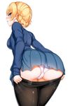  absurdres ass bad_revision bent_over black_legwear blonde_hair blue_eyes blush braid breasts commentary_request darjeeling downscaled_revision fat_mons girls_und_panzer highres kyokucho long_hair looking_at_viewer looking_back looking_down md5_mismatch medium_breasts panties pantyhose pantyhose_pull parted_lips pink_panties pleated_skirt simple_background skirt solo st._gloriana's_school_uniform sweat thigh_gap thighs trefoil underwear white_background white_panties 