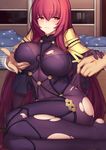  1girl :t blush bodysuit breast_grab breasts bright_pupils command_spell covered_navel evan_yang fate/grand_order fate_(series) fujimaru_ritsuka_(male) grabbing indoors large_breasts legs long_hair looking_to_the_side navel red_eyes red_hair scathach_(fate)_(all) scathach_(fate/grand_order) sitting thighs torn_bodysuit torn_clothes very_long_hair 
