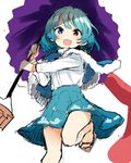  :d blue_hair blue_skirt blush capelet commentary_request geta heterochromia holding long_sleeves looking_at_viewer open_mouth reido1177 short_hair simple_background skirt smile solo tatara_kogasa tongue touhou white_background 
