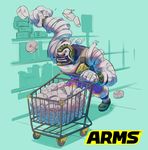  aqua_background arms_(game) bandages black_sclera commentary_request highres ishikawa_masaaki logo long_arms male_focus master_mummy_(arms) monster_boy mummy official_art purple_skin red_eyes shopping_cart simple_background solo wrestling_outfit 