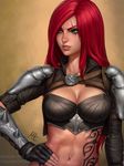  2017 abs armor breasts brown_background cleavage clenched_teeth green_eyes hand_on_hip highres initial jewelry katarina_du_couteau league_of_legends long_hair looking_away md5_mismatch medium_breasts midriff navel necklace parted_lips realistic red_hair scar scar_across_eye sciamano240 solo teeth upper_body watermark web_address 