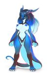  2017 anthro big_breasts black_hair blue_eyes blue_skin breasts dragon female fur hair horn looking_at_viewer navel nipples nude pussy sif simple_background solo standing stripes wide_hips 