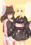  ^_^ absurdres alternate_costume black_kimono blonde_hair blush bow brown_hair closed_eyes commentary d: hair_bow hakurei_reimu highres implied_yuri japanese_clothes kimono kirisame_marisa multiple_girls obi open_mouth pink_kimono sash short_kimono short_yukata touhou unira yellow_eyes yukata 