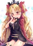  1girl asymmetrical_legwear asymmetrical_sleeves bangs blonde_hair blush bow breasts cape commentary_request cowboy_shot detached_collar diadem earrings embarrassed ereshkigal_(fate/grand_order) eyebrows_visible_through_hair fate/grand_order fate_(series) gold_trim hair_bow hair_ribbon hands_on_own_cheeks hands_on_own_face highres honoka_chiffon hood hood_down hooded_cape jewelry leotard_under_clothes lips long_hair looking_at_viewer medium_breasts nail_polish parted_bangs red_bow red_cape red_eyes ribbon simple_background single_sleeve single_thighhigh skull_necklace solo spine thighhighs twintails two_side_up very_long_hair wavy_hair white_background 