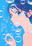  bare_arms bare_shoulders blue blue_background blue_eyes blue_hair bubble bubble_blowing bubble_pipe expressionless green_eyes holding looking_at_viewer parted_lips short_hair simple_background soap_bubbles solo u_m_mm upper_body 