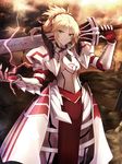  armor bangs blonde_hair breastplate clarent cloud cloudy_sky eyebrows_visible_through_hair fate/apocrypha fate_(series) faulds gauntlets green_eyes grin hair_ornament hair_scrunchie highres holding holding_sword holding_weapon light_rays lightning loincloth long_hair looking_at_viewer mordred_(fate) mordred_(fate)_(all) orange_sky outdoors over_shoulder pauldrons planted_sword planted_weapon ponytail red_scrunchie scrunchie shiguru sky smile solo standing sunlight sword sword_over_shoulder weapon weapon_over_shoulder 