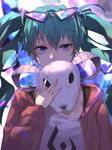  blue_eyes blue_hair eyebrows_visible_through_hair eyewear_on_head hatsune_miku highres holding holding_mask jname long_hair long_sleeves looking_at_viewer mask solo suna_no_wakusei_(vocaloid) sunglasses twintails upper_body vocaloid 