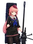  anti-materiel_rifle bangs bipod black_gloves black_legwear black_skirt closed_mouth cowboy_shot eyebrows_visible_through_hair garrison_cap girls_frontline gloves gun hand_up hat headset highres long_hair looking_at_viewer miniskirt narynn ntw-20 ntw-20_(girls_frontline) pantyhose pink_eyes pink_hair rifle school_uniform scope serafuku simple_background skirt sleeves_rolled_up sniper_rifle solo swept_bangs thighs very_long_hair weapon weapon_bag white_background 