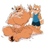 2017 3_toes 4_fingers annoyed anthro barefoot black_claws blue_clothing canine claws clothed clothing crossed_arms digital_media_(artwork) duo feet_together fur fur_tuft hairbrush male mammal nude otake pawpads paws pubes shirt shocked shorts simple_background sitting takemoto takemoto_arashi tank_top toe_claws toes tuft 