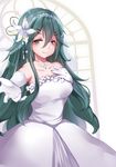  alternate_costume aqua_eyes bare_shoulders blush breasts bridal_veil collarbone cowboy_shot dress elbow_gloves flower gloves green_hair hair_between_eyes hair_ornament hairclip hand_on_own_chest highres jewelry kantai_collection lily_(flower) long_hair looking_at_viewer medium_breasts necklace nonkomu_(furiten5553) off-shoulder_dress off_shoulder reaching_out see-through smile solo strapless strapless_dress veil wedding_dress white_dress white_gloves yamakaze_(kantai_collection) 