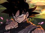  black_eyes black_hair clenched_hands dougi dragon_ball dragon_ball_super earrings fire gokuu_black green_background jewelry lightning looking_at_viewer male_focus petals ring simple_background solo sparks spiked_hair tkgsize 