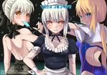  artoria_pendragon_(all) ass black_swimsuit blonde_hair blush breasts brown_eyes character_request cleavage closed_mouth competition_swimsuit eyebrows_visible_through_hair fate_(series) green_eyes highres large_breasts long_hair looking_at_viewer maid multiple_girls one-piece_swimsuit parted_lips saber saber_alter short_hair sideboob smile sookmo swimsuit towel white_hair white_towel 