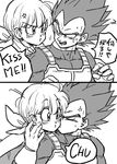  1girl 2koma annoyed armor black_eyes blush bulma cheek_kiss comic couple dragon_ball dragon_ball_z english eyebrows_visible_through_hair frown gloves greyscale hands_on_another's_face hands_on_another's_shoulder hetero kiss monochrome romaji scarf short_hair simple_background speech_bubble spiked_hair surprise_kiss surprised sweatdrop tears tkgsize translation_request vegeta white_background 