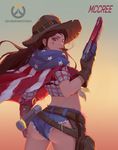  american_flag american_mccree arm_at_side ass back belt belt_pouch blue_shorts breasts brown_gloves brown_hair cape character_name chen_hg cigar copyright_name cowboy_hat cowboy_shot crop_top cutoffs denim denim_shorts emblem explosive eyeliner facepaint from_behind genderswap genderswap_(mtf) gloves gradient gradient_background grenade gun hand_up handgun hat highres holding holding_gun holding_weapon legs_apart lips logo long_hair looking_at_viewer looking_back makeup mccree_(overwatch) mechanical_arm medium_breasts mouth_hold nose overwatch pistol pouch red_eyes red_lips short_shorts short_sleeves shorts single_glove smoking solo standing teeth weapon 