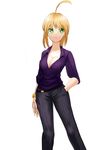  ahoge alternate_costume artoria_pendragon_(all) blonde_hair breasts cleavage collarbone eyebrows_visible_through_hair fate/grand_order fate_(series) green_eyes hand_in_pocket highres looking_at_viewer medium_breasts saber solo sookmo watch wristwatch 