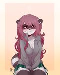  &lt;3 2013 absurd_res anthro black_fur breasts cleavage clothed clothing digital_media_(artwork) female front_view fur grey_fur hair hi_res long_hair looking_at_viewer mammal mona_(spittfire) pink_eyes raccoon ringed_tail skirt solo spittfire_(artist) 