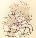  1girl black_hair closed_eyes dragon_ball gine hug monochrome mother_and_son open_mouth simple_background son_gokuu spiked_hair tail tkgsize traditional_media wristband 