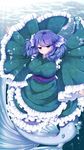  bad_id bad_pixiv_id blue_eyes blue_hair breasts commentary_request drill_hair frilled_sleeves frills full_body green_kimono head_fins highres japanese_clothes kimono large_breasts mermaid monster_girl obi outstretched_arms sash shiro_oolong-cha solo touhou underwater wakasagihime wide_sleeves 