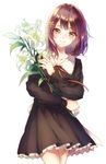  black_dress black_eyes black_hair blush closed_mouth collarbone cowboy_shot dayu_edora dress eyebrows_visible_through_hair flower flowers_(innocent_grey) hair_flower hair_ornament holding holding_flower kousaka_mayuri lily_(flower) long_sleeves looking_at_viewer medium_hair neck_ribbon red_ribbon ribbon simple_background smile solo white_background 