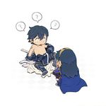  1girl armor blue_eyes blue_hair cape chibi falchion_(fire_emblem) father_and_daughter fire_emblem fire_emblem:_kakusei gloves krom long_hair lucina short_hair smile sword weapon 