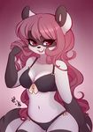  2013 anthro black_fur bra breasts cleavage clothed clothing digital_media_(artwork) female fur gloves_(marking) grey_fur hair hi_res long_hair mammal markings mona_(spittfire) navel open_mouth panties pink_eyes raccoon skimpy solo spittfire_(artist) underwear white_fur 