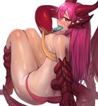  absurdres bare_shoulders blush breasts commentary commission dragon_girl english_commentary food food_in_mouth from_behind gold_teeth highres horns hot jabberwock_(monster_girl_encyclopedia) large_breasts long_hair looking_back monster_girl monster_girl_encyclopedia paws pink_hair popsicle red_eyes simple_background slit_pupils solo sookmo sweat tail tentacles thighs white_background wings 