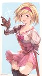  absurdres black_legwear blonde_hair blush breasts brown_eyes cleavage collarbone djeeta_(granblue_fantasy) granblue_fantasy hairband highres large_breasts looking_at_viewer milli_little open_mouth pink_hairband short_hair smile solo thighhighs twitter_username 