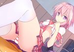  astolfo_(fate) black_bow bow braid breasts fate/apocrypha fate/grand_order fate_(series) hair_bow highres large_breasts long_hair male_focus menghuan_tian multicolored_hair neckerchief otoko_no_ko panties pink_eyes pink_hair red_neckwear red_panties red_skirt school_uniform serafuku skirt solo striped striped_panties thighhighs underwear white_hair white_legwear white_panties 