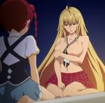  2girls areola bed blonde_hair blush breasts embarrassed large_breasts looking_at_another necktie official pink_hair purple_eyes screencap shikishima_mirei sitting skirt tokonome_mamori topless valkyrie_drive valkyrie_drive_-mermaid- yuri 