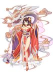  absurdres bare_shoulders black_hair blue_eyes blush breasts check_character cleavage closed_mouth collarbone commentary_request enenra_(onmyoji) eyebrows_visible_through_hair full_body high_heels highres large_breasts looking_at_viewer onmyoji original red_ribbon ribbon short_hair smile solo youl 