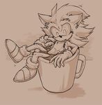 bathing beverage clothing coffee coffee_cup footwear gloves hedgehog macro mammal micro micro_on_macro monochrome quills shoes size_difference sketch sonic_(series) sonic_the_hedgehog surprise swirlything 