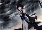  black_hair bow cloud cloudy_sky collarbone green_eyes hair_bow jewelry lightning looking_away necklace original pixiv_fantasia pixiv_fantasia_revenge_of_the_darkness ship short_hair sky solo watercraft white_bow xing_muhen 