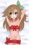  arms_up asymmetrical_hair bed breast_press breasts brown_hair collarbone cowboy_shot green_eyes groin hair_ornament hair_ribbon heart heart-shaped_pupils highres if_(choujigen_game_neptune) looking_to_the_side lying mahruru medium_breasts midriff naked_ribbon navel neptune_(series) on_back on_bed one_side_up ribbon shin_jigen_game_neptune_vii shiny shiny_hair shiny_skin stomach symbol-shaped_pupils tied_hair 