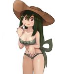  :p absurdres asui_tsuyu bikini black_eyes blush boku_no_hero_academia breasts cleavage closed_mouth collarbone finger_to_face finger_to_mouth green_hair hair_between_eyes hair_rings hat highres large_breasts long_hair looking_at_viewer low-tied_long_hair simple_background smile solo sookmo swimsuit tongue tongue_out very_long_hair white_background 