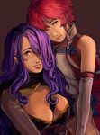 breasts camilla_(fire_emblem_if) cleavage_cutout curly_hair elbow_gloves fire_emblem fire_emblem_if gloves grin hair_over_one_eye highres hinoka_(fire_emblem_if) large_breasts looking_at_viewer multiple_girls purple_hair red_hair smile yusaname 