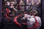  2girls arrow black_dress bow bow_(weapon) bowtie brown_hair capelet commentary_request dress fennel_(momodora) fighting frilled_hairband frills hairband hood hooded_capelet kaho_(momodora) leaf long_hair looking_at_another maple_leaf momodora:_reverie_under_the_moonlight motion_blur multiple_girls ray-k red_eyes red_legwear short_hair signature sword thighhighs uneven_eyes weapon white_capelet white_dress white_hair 