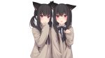  2girls amashiro_natsuki animal_ears black_hair bow catgirl headband long_hair original purple_eyes ribbons twins twintails white 
