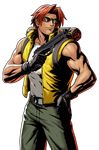  backpack bag belt beretta_92 gloves gun handgun male_focus metal_slug metal_slug_attack metal_slug_defense official_art pistol red_hair solo sunglasses tarma_roving transparent_background vest weapon yellow_vest 