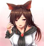  absurdres animal_ears brooch brown_hair dress fangs gradient gradient_background highres imaizumi_kagerou jewelry long_hair long_sleeves looking_at_viewer nail_polish open_mouth phano_(125042) pink_background pointing pointing_at_self red_eyes red_nails shawl simple_background solo touhou upper_body white_dress wolf_ears 