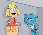  2017 anthro blonde_hair blue_fur bodypaint bottomless breasts butt cartoon_network clothed clothing crossover digital_media_(artwork) duo female fur hair human lipstick looking_at_viewer looking_back makeup mammal mature_female nickelodeon nicole_watterson open_mouth pose presenting presenting_hindquarters rita_loud sb99 simple_background skirt the_amazing_world_of_gumball the_loud_house whiskers 