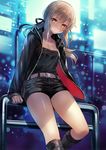  artoria_pendragon_(all) belt black_camisole blonde_hair boots breasts camisole cleavage fate/grand_order fate_(series) hair_ribbon jacket medium_breasts open_clothes open_jacket ponytail railing ribbon saber_alter short_shorts shorts sitting solo terai_(teraimorimori) yellow_eyes 