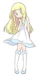  :o ame025 bangs blonde_hair blue_footwear dot_nose dress full_body green_eyes hand_on_own_chest kneehighs lillie_(pokemon) long_hair looking_down parted_lips pokemon pokemon_(anime) pokemon_sm_(anime) shoes short_dress simple_background solo standing sundress white_background white_dress 