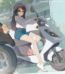  bag blue_skirt brown_hair commentary_request ground_vehicle helmet highres motor_vehicle office_lady_taiwan original scooter shirt shoes skirt solo sunglasses tennohi three-wheeler white_footwear white_shirt 
