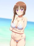  bikini breasts brown_hair cleavage covered_nipples hagino_chiaki hinako_note large_breasts looking_at_viewer navel purple_eyes shikuta_maru short_hair_with_long_locks sidelocks smile solo swimsuit white_bikini 