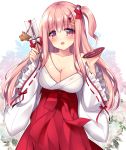  1girl alcohol arrow bare_shoulders blush boar bowl breasts charm_(object) cleavage collarbone cup eyebrows_visible_through_hair flower frilled_sleeves frills hair_between_breasts hair_between_eyes hair_flower hair_ornament hair_ribbon hakama hamaya highres holding holding_arrow holding_cup japanese_clothes large_breasts long_hair long_sleeves looking_at_viewer miko nengajou new_year nontraditional_miko one_side_up open_mouth original pinching_sleeves pink_eyes pink_hair red_hakama ribbon ribbon-trimmed_sleeves ribbon_trim ringo_sui sakazuki shiny shiny_hair shippou_(pattern) side_ponytail signature simple_background solo very_long_hair white_sleeves wide_sleeves 