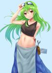  absurdres arm_up blush breasts brown_eyes brown_gloves closed_mouth collarbone crop_top eyebrows_visible_through_hair gloves goggles goggles_on_head green_hair highres long_hair looking_at_viewer medium_breasts navel original phano_(125042) smile solo wrench 