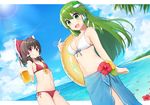  alcohol beer beer_mug bikini bow breasts brown_hair cleavage cup day flower frog_hair_ornament green_eyes green_hair hair_bow hair_ornament hair_tubes hakurei_reimu highres holding holding_cup innertube kochiya_sanae long_hair medium_breasts multiple_girls navel ocean outdoors red_bikini red_bow red_eyes red_flower sarong side-tie_bikini smile snake_hair_ornament standing sun swimsuit touhou water white_bikini_top yada_(xxxadaman) 