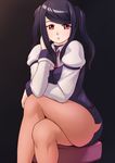  black_hair crossed_legs finalcake hand_on_own_cheek highres julianne_stingray long_hair looking_at_viewer pantyhose parted_lips red_eyes sitting solo thighs va-11_hall-a 