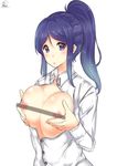  1girl bar_censor blue_hair breast_squeeze breasts censored kaya_(yoshina9) large_breasts looking_at_viewer love_live! love_live!_sunshine!! matsuura_kanan nipple_censor nipples no_bra pointless_censoring ponytail purple_eyes transparent_censoring unbuttoned 